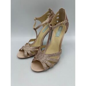 Betsey Johnson SB-GINGER Rose Gold Glitter T-Strap Peep Toe Heels Womens Size 9